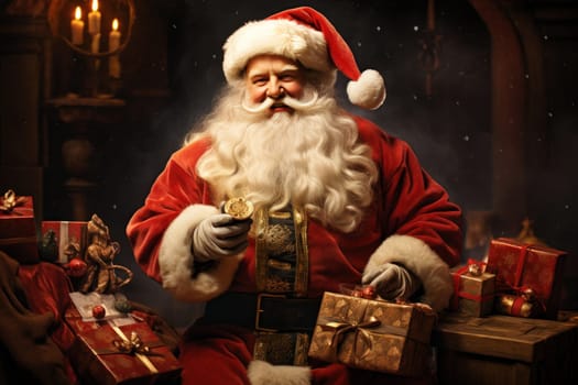 Cheerful Santa Claus with gift boxes on Christmas background. Christmas and New Year.