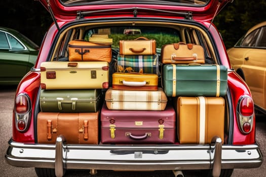 Retro car with luggage in trunk. Suitcases and bags in trunk of car ready to depart for holidays. Travel, vacation concept