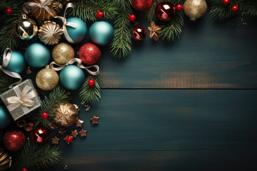 Christmas balls, presents, pine branches and cones on wooden background with copy space. Top view, flat lay