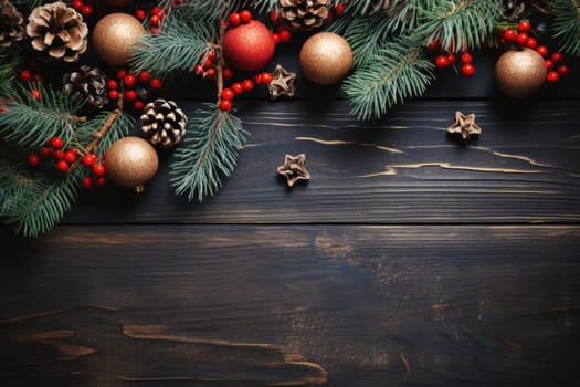 Christmas balls, presents, pine branches and cones on wooden background with copy space. Top view, flat lay