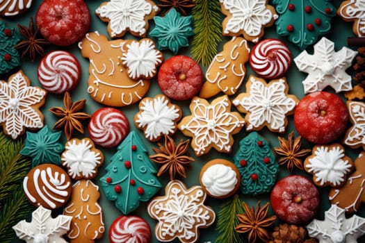 Christmas cookies and pine branches as a colorful Christmas background. Colorful mix of Christmas themed decorated cookies