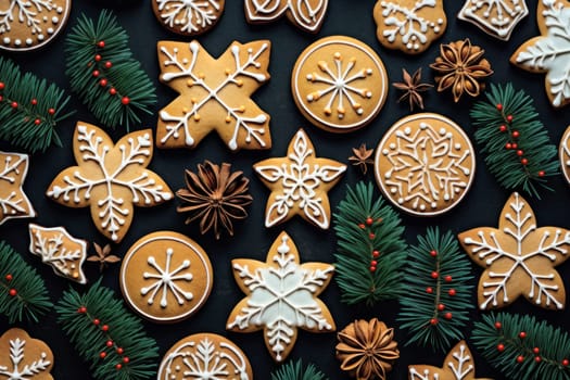 Christmas cookies and pine branches as a colorful Christmas background. Colorful mix of Christmas themed decorated cookies