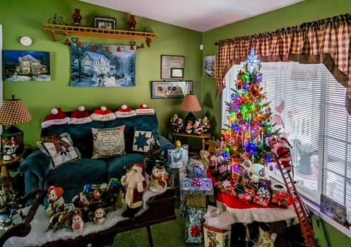 Gordonville, Pennsylvania, December 10-2022 - A View of Christmas Home Decorations With Tree, Gifts and Much More