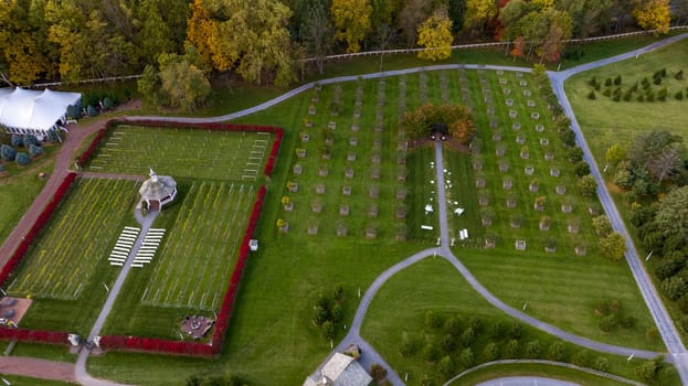 Elizabethtown, Pennsylvania, October 22, 2023 - An Aerial View of a Gazebo, Vineyard and Orchard, in Autumn With Fall Colors