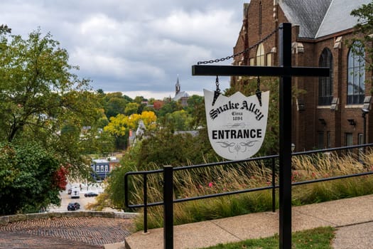 Entrance to Snake Alley in Burlington Iowa which has the world record for steepest bendy street