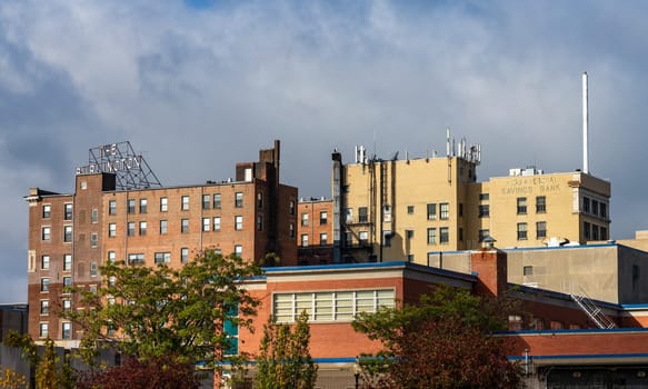 Burlington, IA - 19 October 2023: Panorama of the city skyline including the Burlington Hotel in downtown