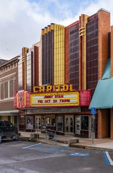Burlington, IA - 19 October 2023: City skyline including the historic Capitol cinema and theater in downtown