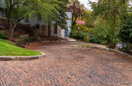 Patterns in the brick paving on Snake Alley in Burlington Iowa which has the world record for steepest bendy street