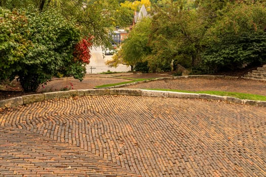 Patterns in the brick paving on Snake Alley in Burlington Iowa which has the world record for steepest bendy street