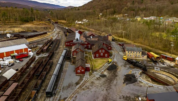 Rockhill Furnace, Pennsylvania, April 2, 2023 - Early Morning, Getting Ready - Aerial of Locomotive 16 Narrow Gauge Steam Locomotive
