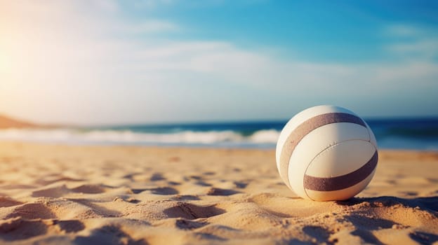 Volleyball ball on a sunny beach. Background for sporting events AI