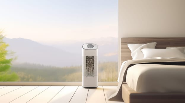 Design Air Purifier Or Cleaner On Wooden Floor of Modern Bedroom, Blue Sky And Mountains On Background. Air Cleaner Removes Fine Dust In House To Prevent Allergy. Copy Space. Ai Generated.
