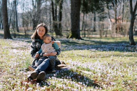 Smiling mom with a little girl on her knees sits on a stump in a clearing among blue crocuses. High quality photo