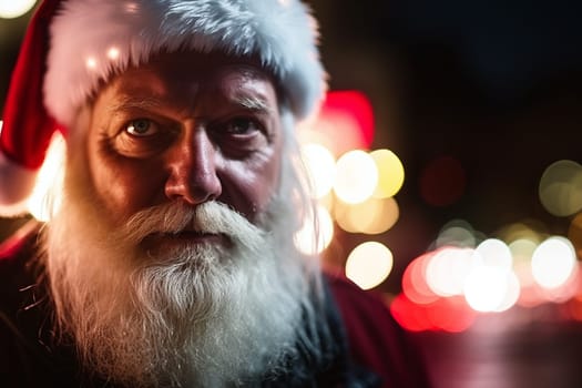 Santa Claus with a snow-white beard and mustache, embodying the spirit of christmas, stands proudly in the night with city lights in the background - Generative AI