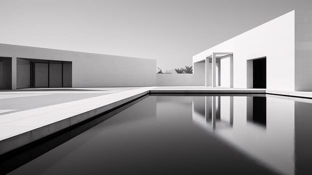 A solitary building stands tall against the vast sky, its monochrome facade reflecting in the still pool of water below, a stark and serene oasis amidst the chaotic outdoor world of architecture