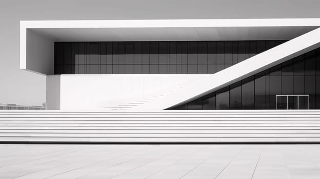 The sleek, modern building stood tall against the bright blue sky, its black windows offering a mysterious contrast to the white exterior, an architectural masterpiece that exuded sophistication and innovation - generative AI