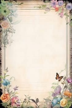 vintage antique old frame with flowers and butterfly - AI generative