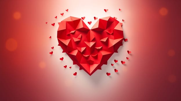 Wallpaper Red Beautiful Origami 3d Heart On Red Sparkling Background. Shiny Polygon Heart For Saint Valentine's Day. Love, Romance For February 14. Ai Generated. Horizontal Plane. High quality photo