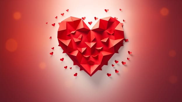 Wallpaper Red Beautiful Origami 3d Heart On Red Sparkling Background. Shiny Polygon Heart For Saint Valentine's Day. Love, Romance For February 14. Ai Generated. Horizontal Plane. High quality photo