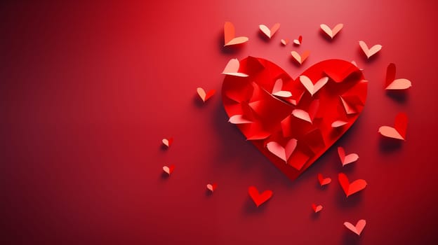 Mockup Many Beautiful red Origami Hearts On Red Background. Saint Valentine's Day. Love, Romance For February 14. Space For Text. Ai Generated. Horizontal Plane. High quality photo