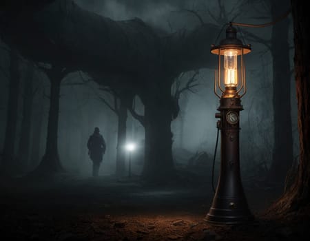Dark steampunk with Kerosene lamps and mechanisms in the dark. High quality illustration