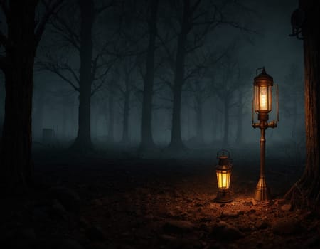 Dark steampunk with Kerosene lamps and mechanisms in the dark. High quality illustration