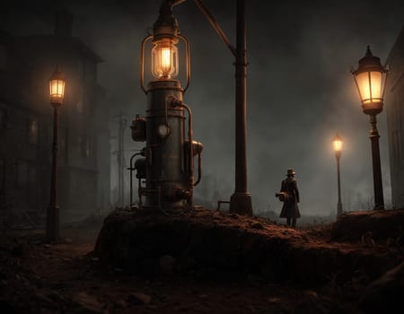Dark steampunk with Kerosene lamps and mechanisms in the dark. High quality illustration