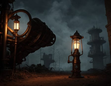 Dark steampunk with Kerosene lamps and mechanisms in the dark. High quality illustration
