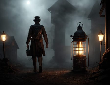 Dark steampunk with Kerosene lamps and mechanisms in the dark. High quality illustration