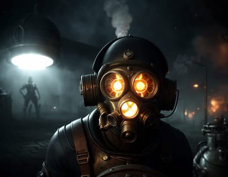 A man in a gas mask against the backdrop of a smoking factory. Ecological disaster and dystopia. High quality illustration