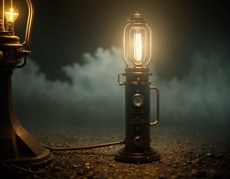 Dark steampunk with Kerosene lamps and mechanisms in the dark. High quality illustration
