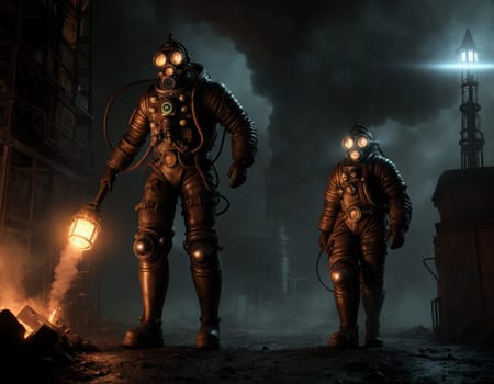 People in a gas mask against the backdrop of a smoking factory. Ecological disaster and dystopia. High quality illustration