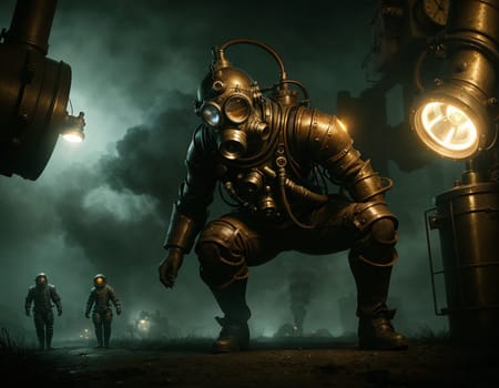 A man in a gas mask against the backdrop of a smoking factory. Ecological disaster and dystopia. High quality illustration