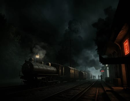 The locomotive arrived at the night platform. High quality illustration