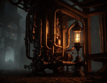 Dark steampunk with Kerosene lamps and mechanisms in the dark. High quality illustration