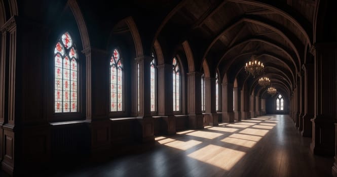 Neo-Gothic interior. Spacious, bright corridors. High quality illustration