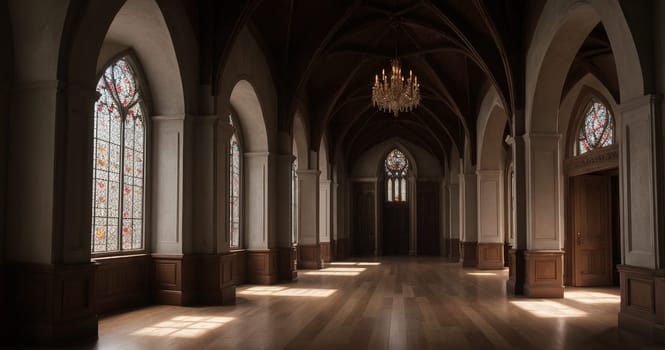 Neo-Gothic interior. Spacious, bright corridors. High quality illustration