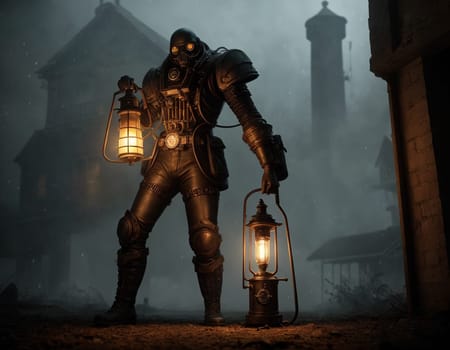 Dark steampunk with Kerosene lamps and mechanisms in the dark. High quality illustration