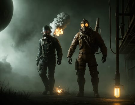 People in a gas mask against the backdrop of a smoking factory. Ecological disaster and dystopia. High quality illustration