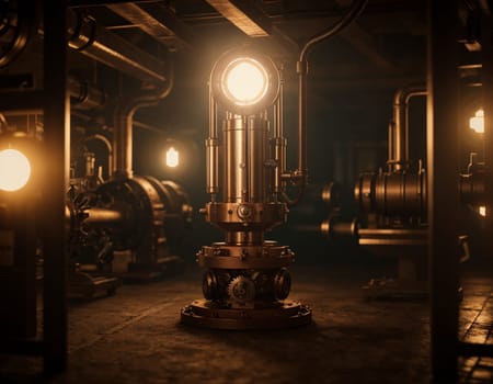 Dark steampunk with Kerosene lamps and mechanisms in the dark. High quality illustration