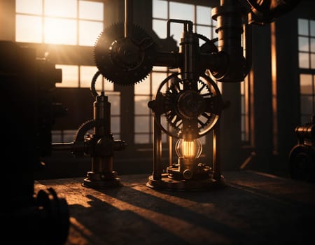 Dark steampunk with Kerosene lamps and mechanisms in the dark. High quality illustration