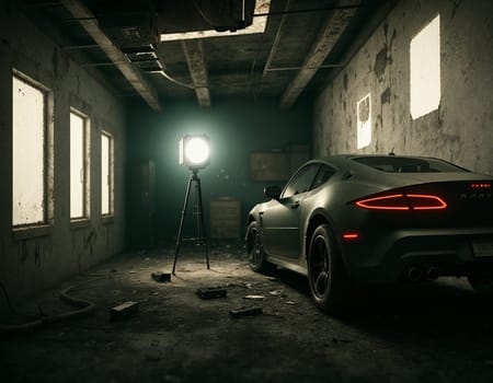 The car is in an abandoned building. High quality illustration