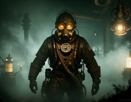 A man in a gas mask against the backdrop of a smoking factory. Ecological disaster and dystopia. High quality illustration