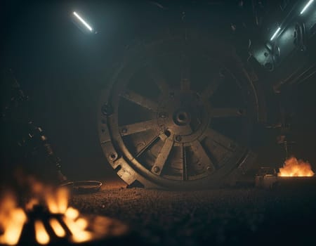 A gloomy background in the style of dystopia and steampunk. Vintage gears and mechanisms in an abandoned factory