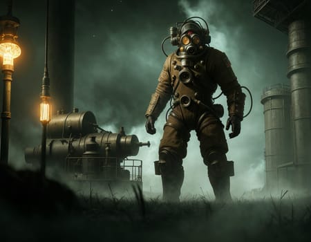 A man in a gas mask against the backdrop of a smoking factory. Ecological disaster and dystopia. High quality illustration