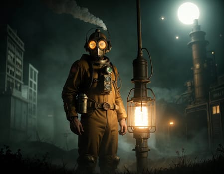 A man in a gas mask against the backdrop of a smoking factory. Ecological disaster and dystopia. High quality illustration