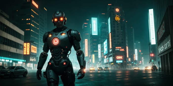 Cyborg in the style of Dark Cyberpunk. High quality illustration