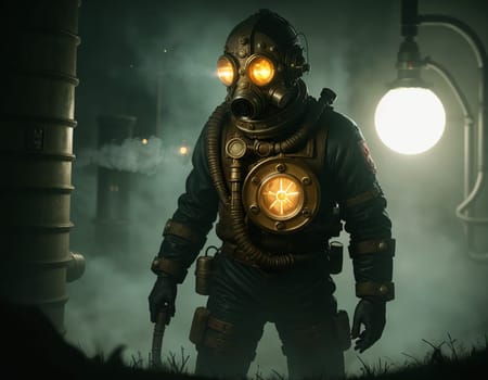 A man in a gas mask against the backdrop of a smoking factory. Ecological disaster and dystopia. High quality illustration