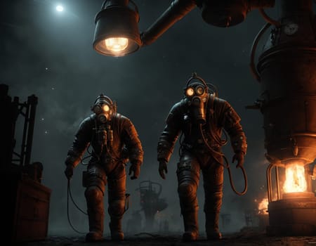People in a gas mask against the backdrop of a smoking factory. Ecological disaster and dystopia. High quality illustration