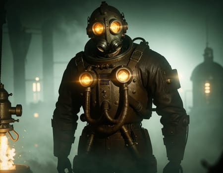 A man in a gas mask against the backdrop of a smoking factory. Ecological disaster and dystopia. High quality illustration